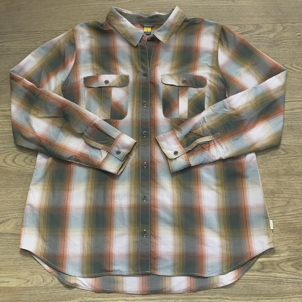 Eddie Bauer Travex Plaid Flannel Shirt Women's XL Tan Cream Rust Button Up - Picture 2 of 8